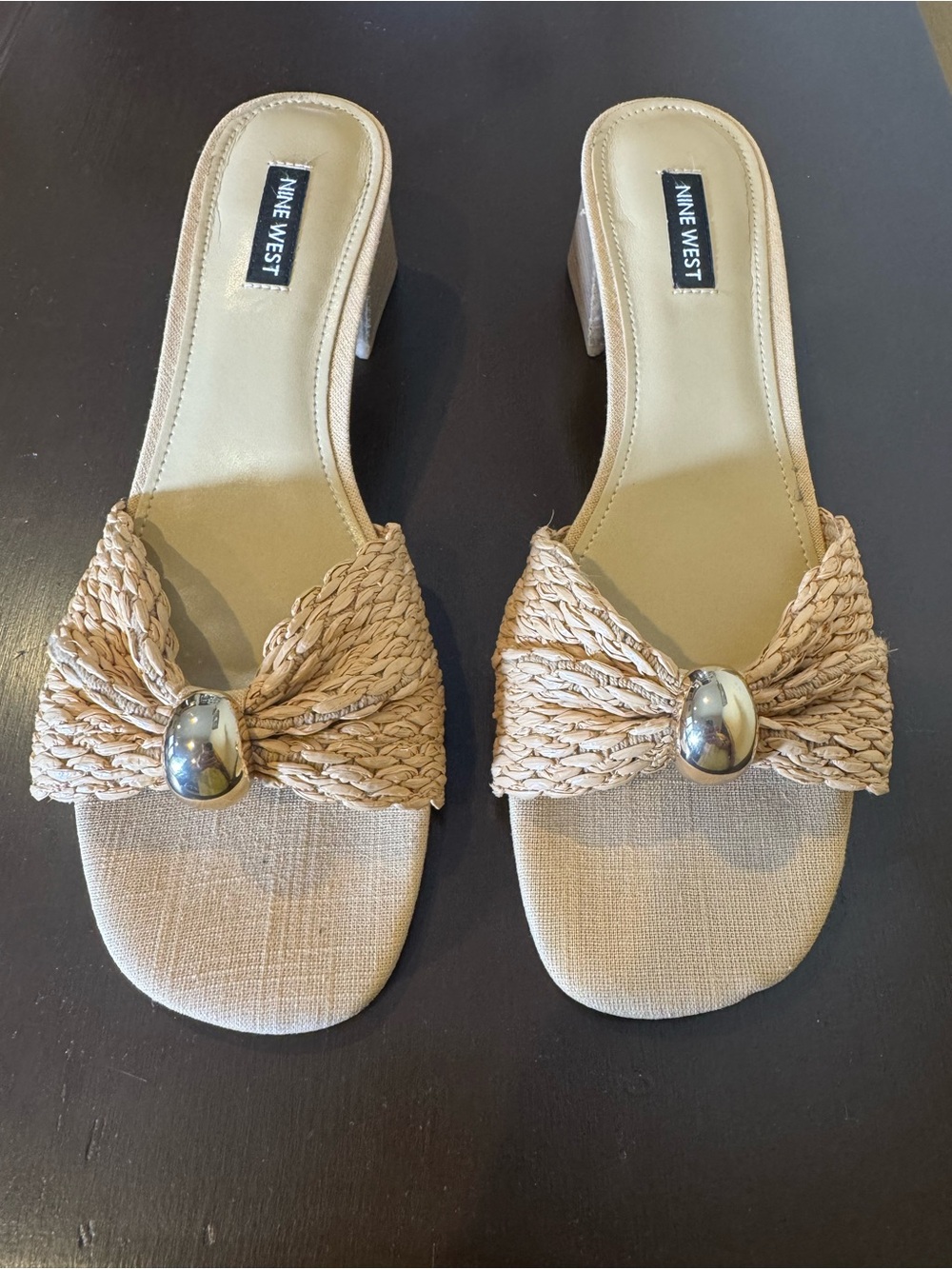 Nine West Beige Braided Bow Block Heel Sandals